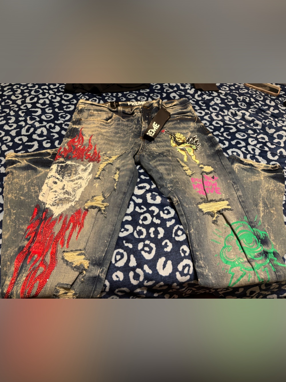 Skinny Distressed Graphic Jeans in Black with Red, Green & Yellow Accents